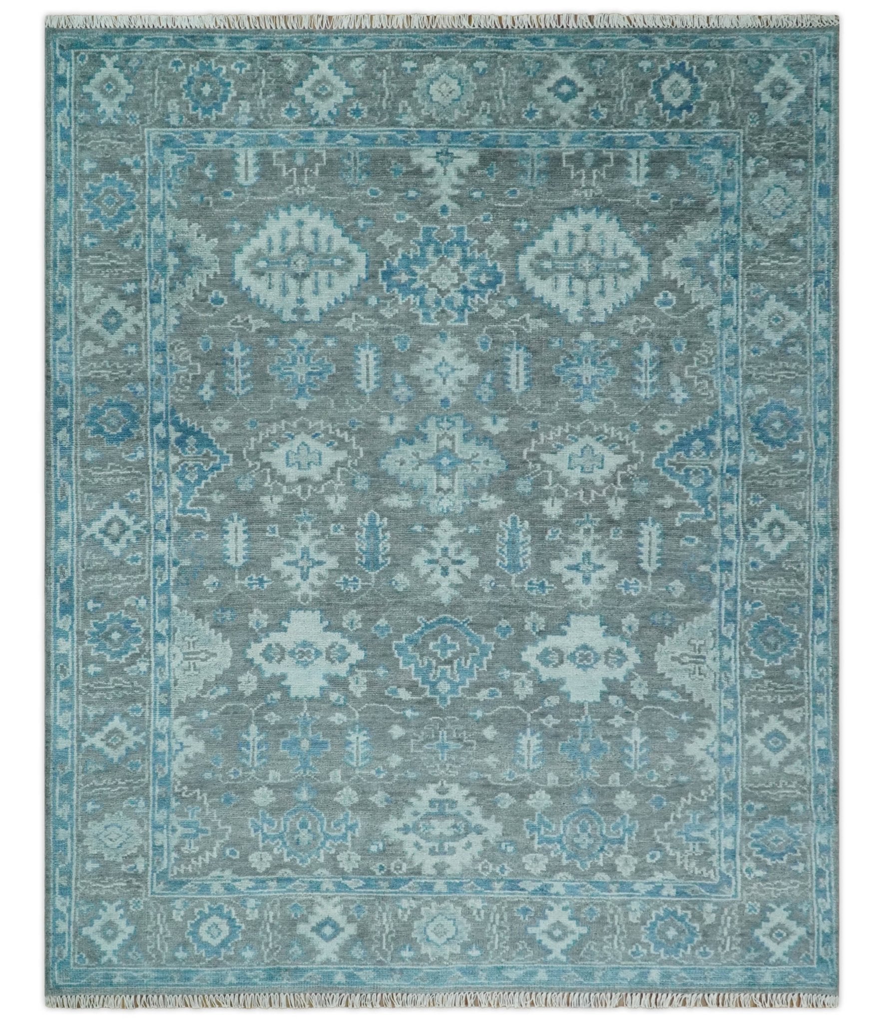 Antique Gray and Blue Hand Knotted 8x10 Oushak Turkish Wool Area Rug - Arte House