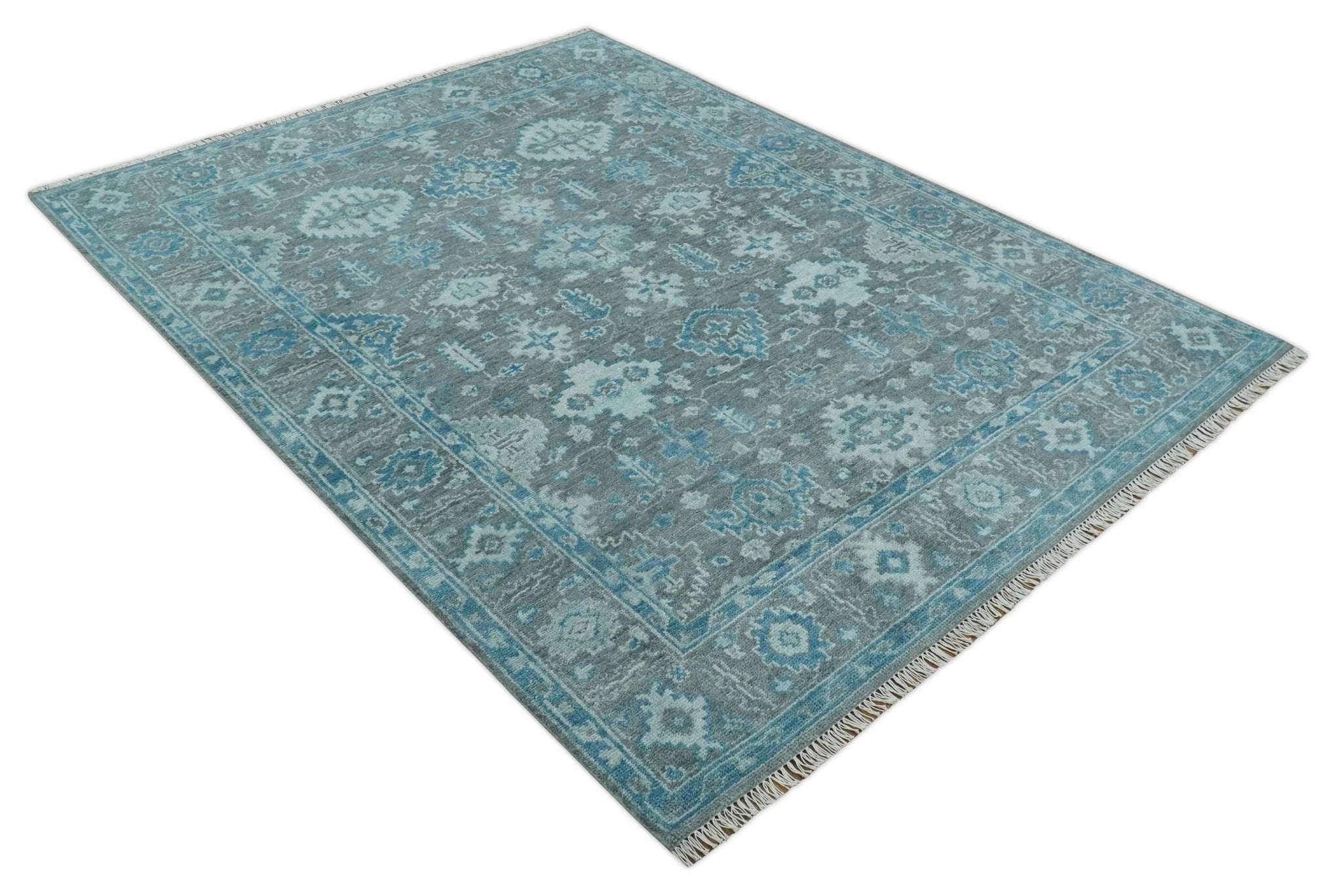 Antique Gray and Blue Hand Knotted 8x10 Oushak Turkish Wool Area Rug - Arte House