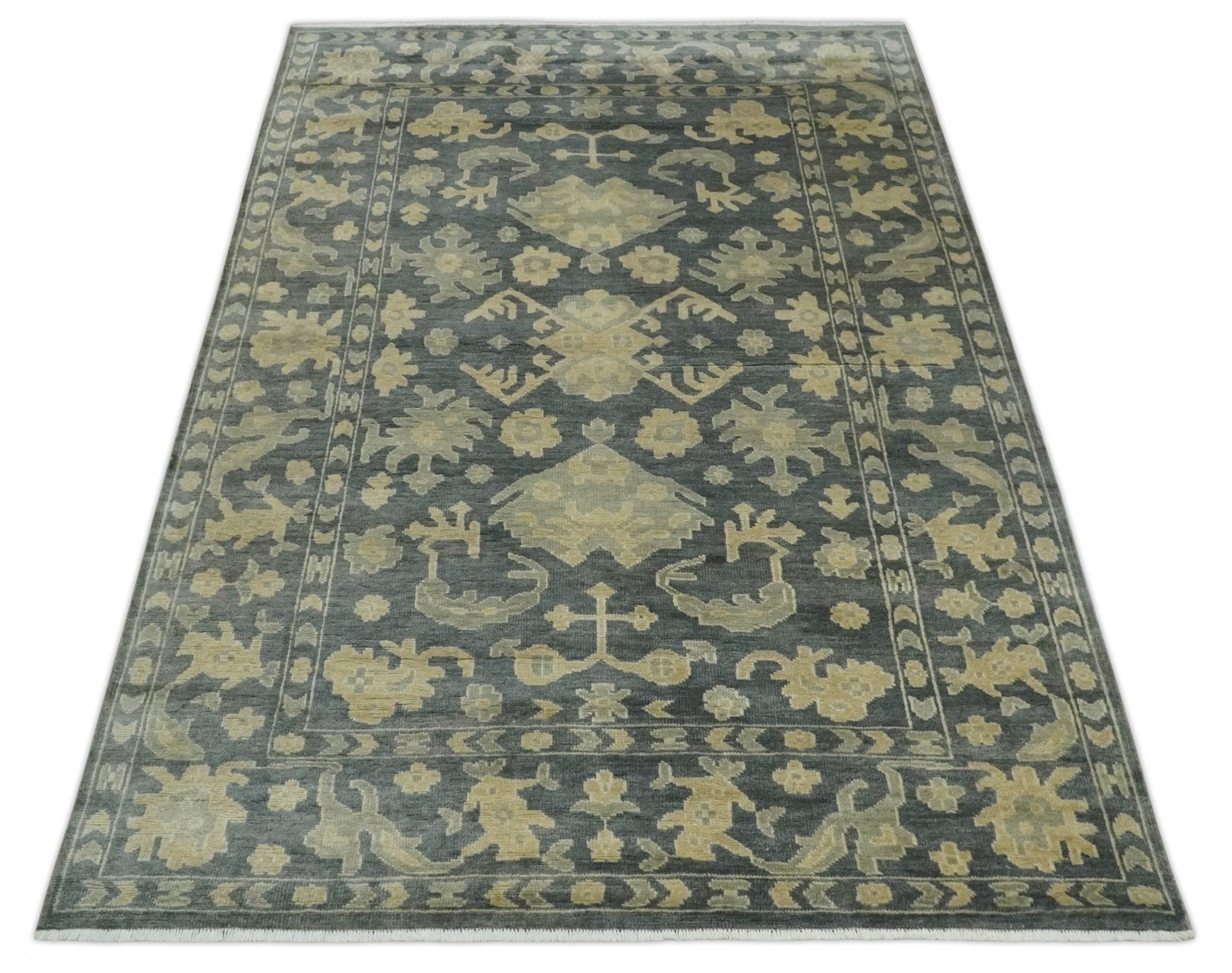 Antique Style 6x9 Hand Knotted Beige and Charcoal Traditional Wool Rug | N35669 - Arte House