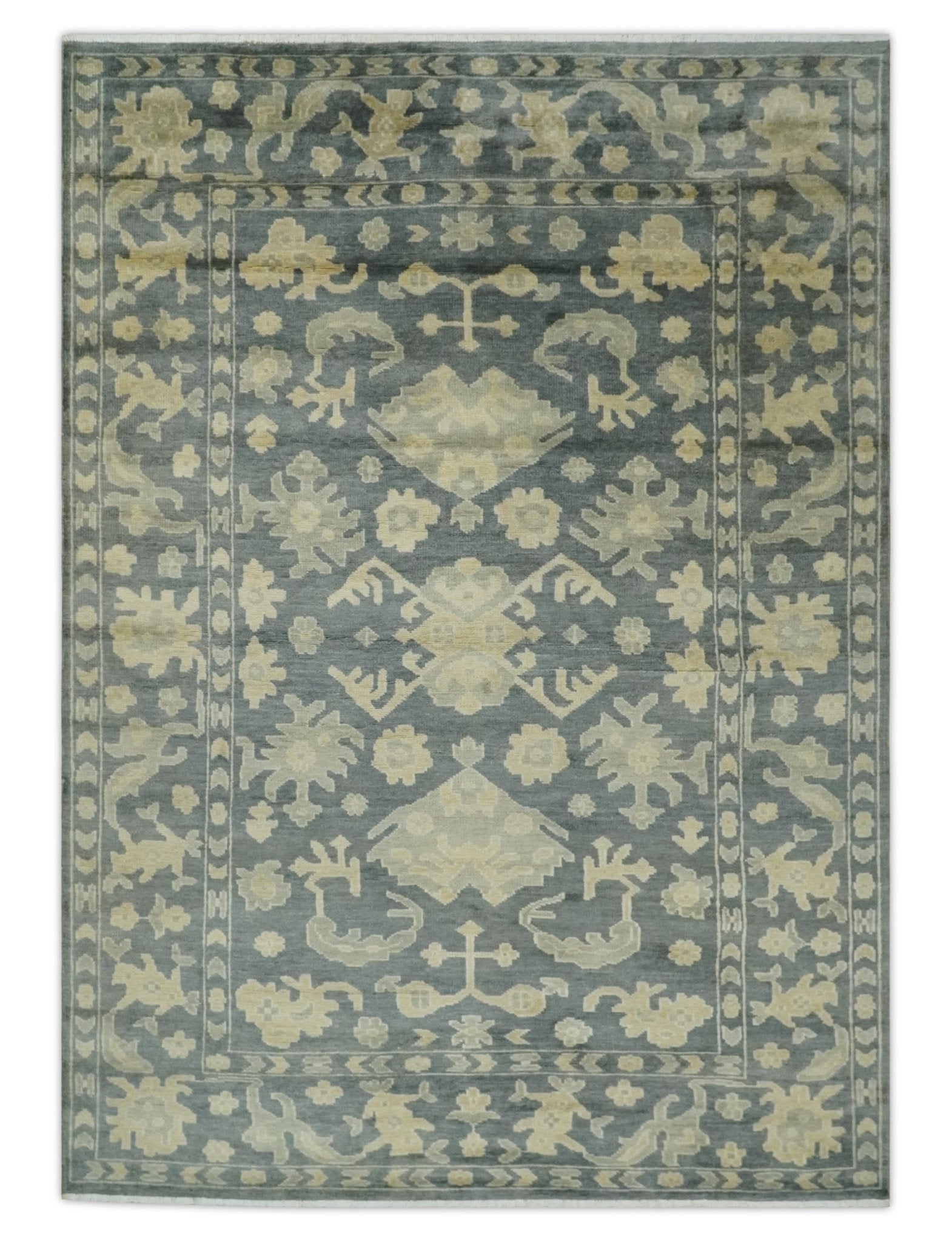 Antique Style 6x9 Hand Knotted Beige and Charcoal Traditional Wool Rug | N35669 - Arte House