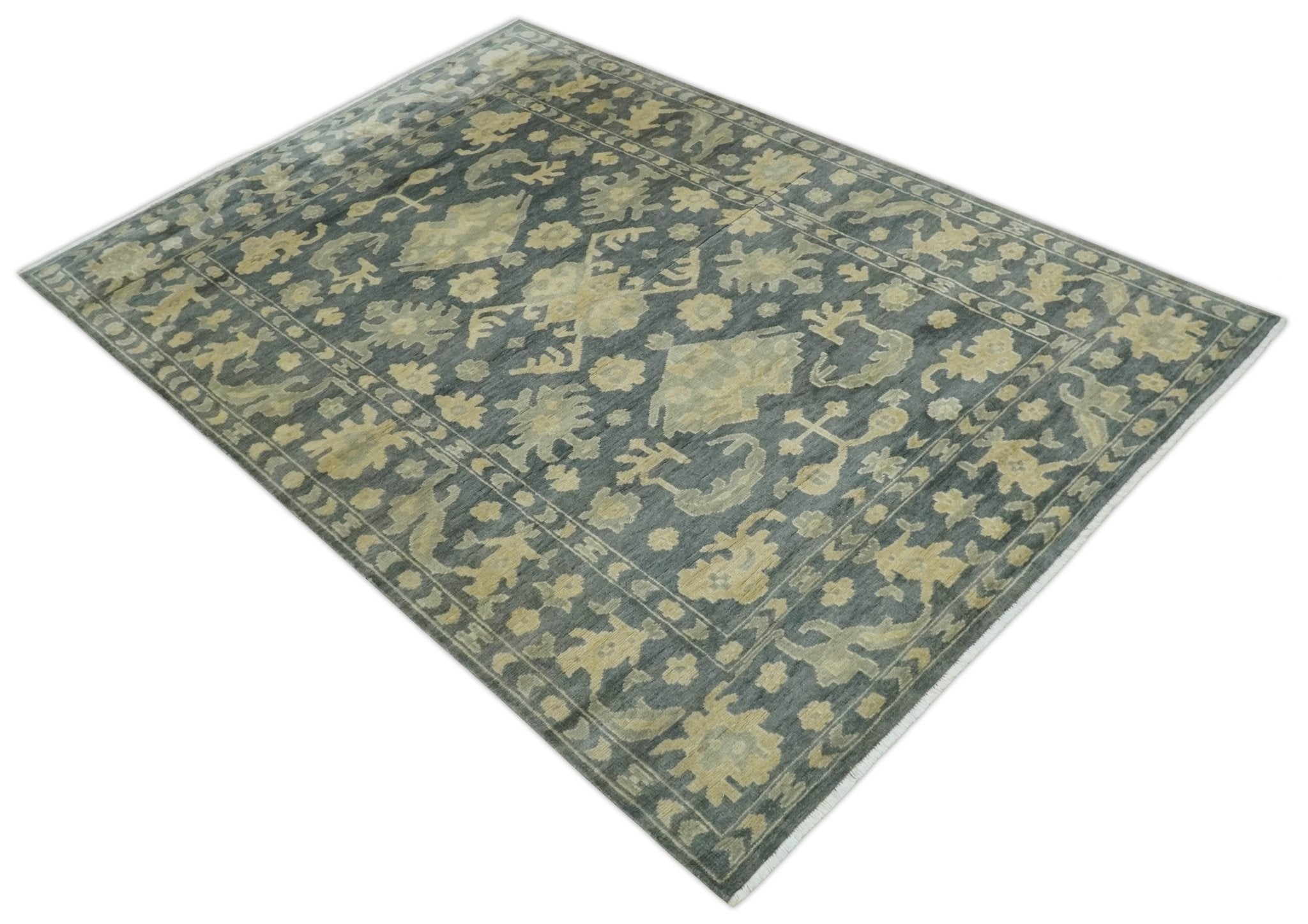 Antique Style 6x9 Hand Knotted Beige and Charcoal Traditional Wool Rug | N35669 - Arte House