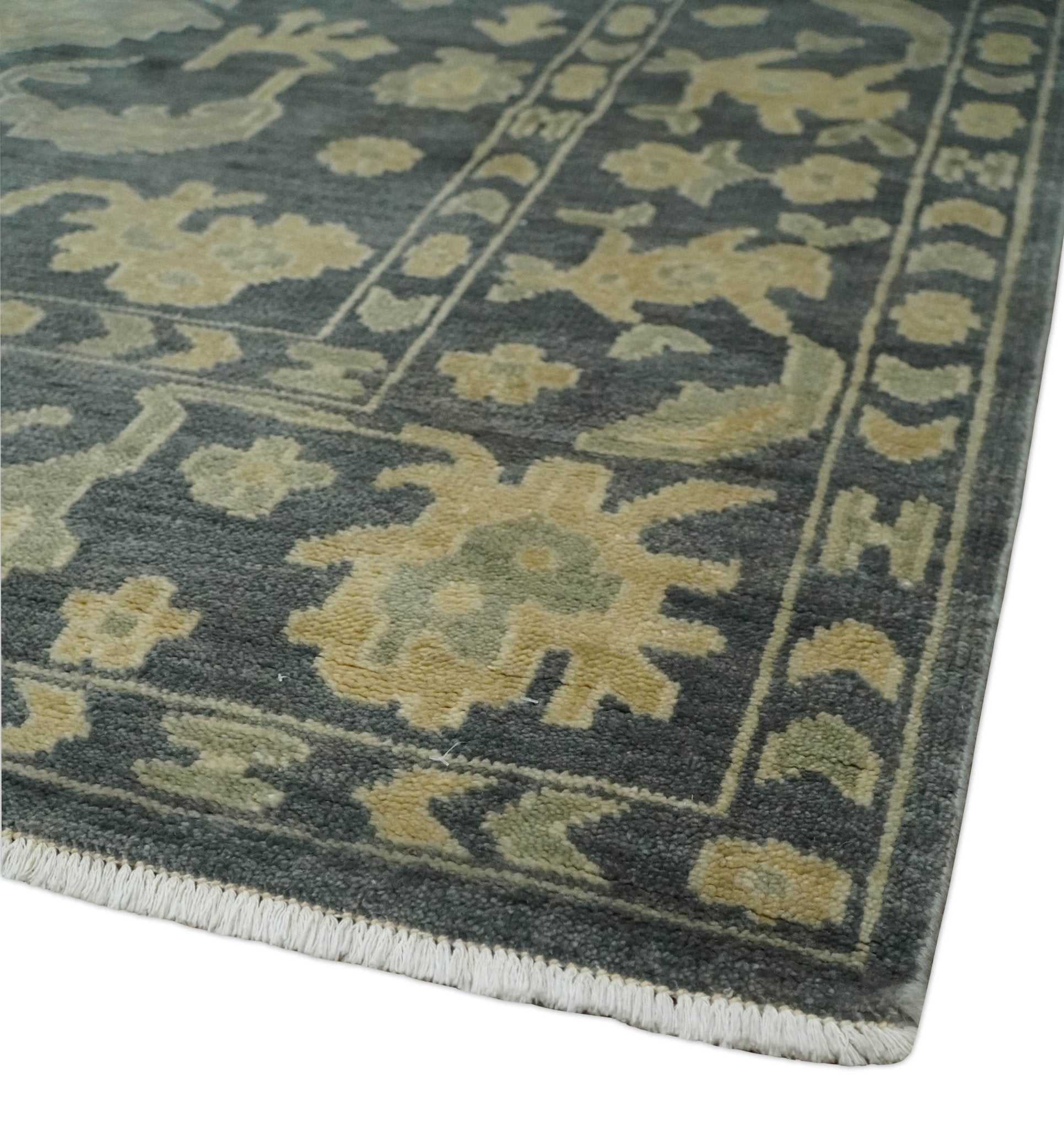 Antique Style 6x9 Hand Knotted Beige and Charcoal Traditional Wool Rug | N35669 - Arte House