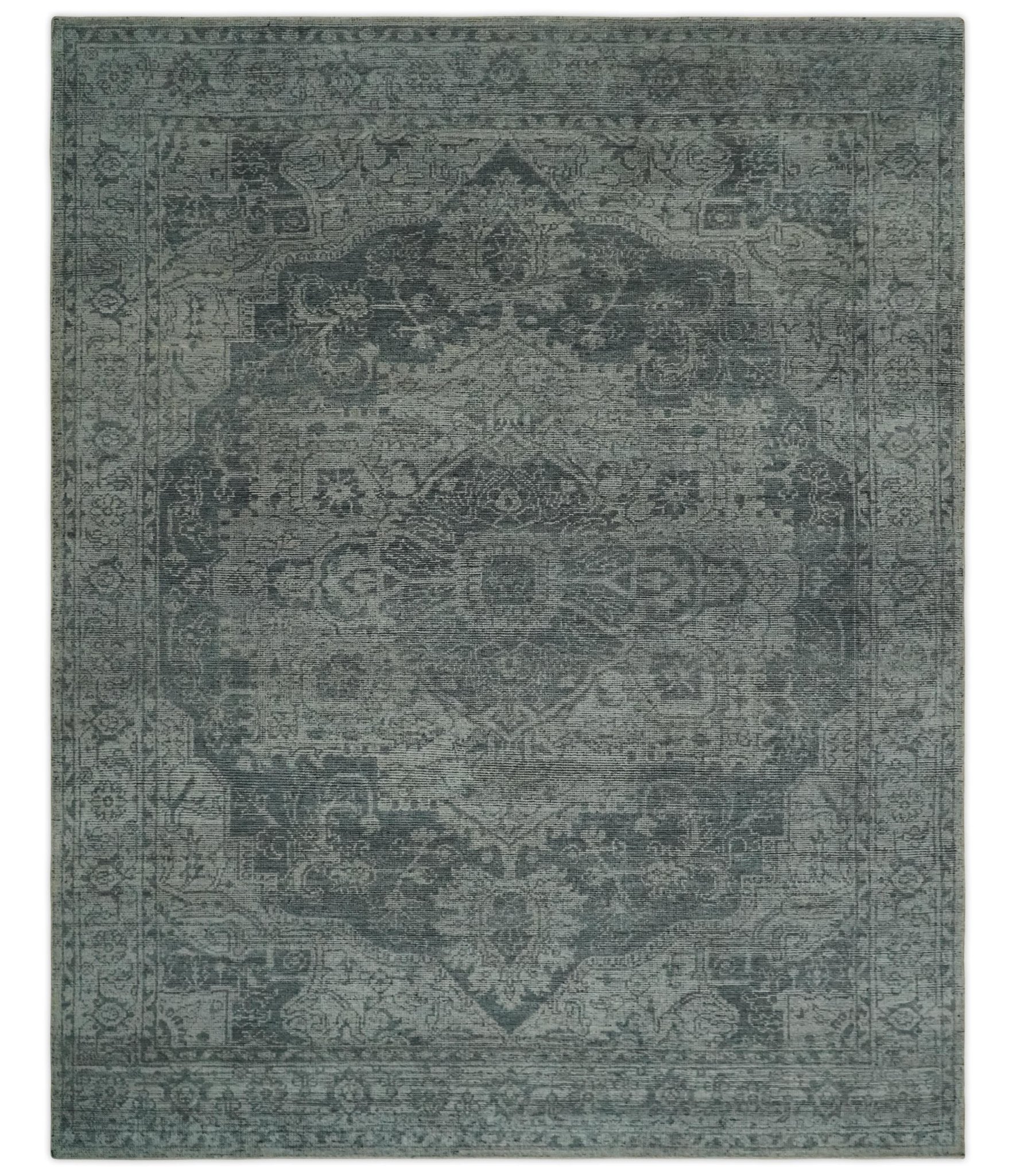 Antique Style Charcoal and Silver Traditional Heriz Medallion 8x10 wool Area Rug
