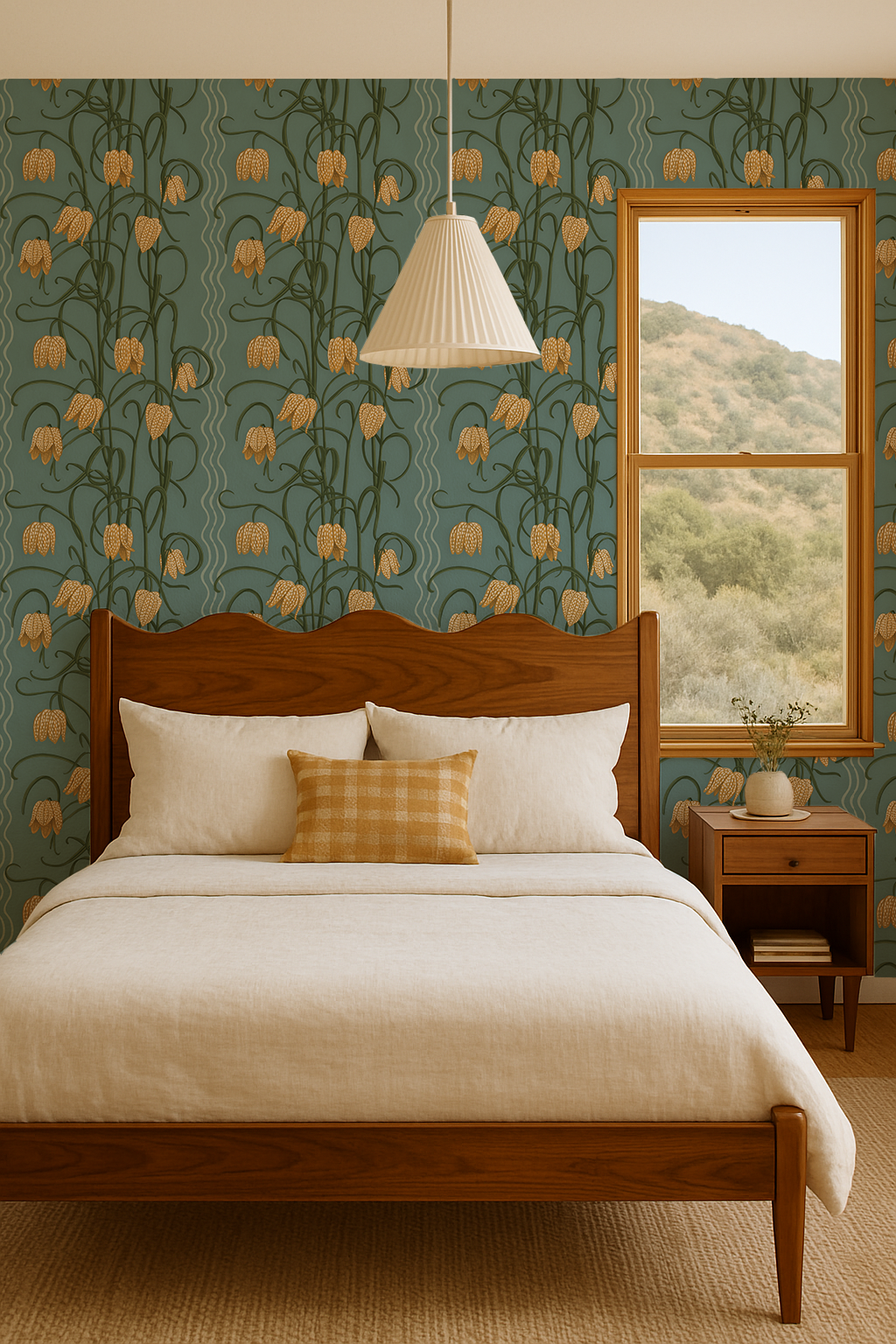 Campanas Wallpaper, dusty blue and marigold