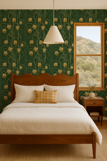 Campanas Wallpaper, dark green and ocher
