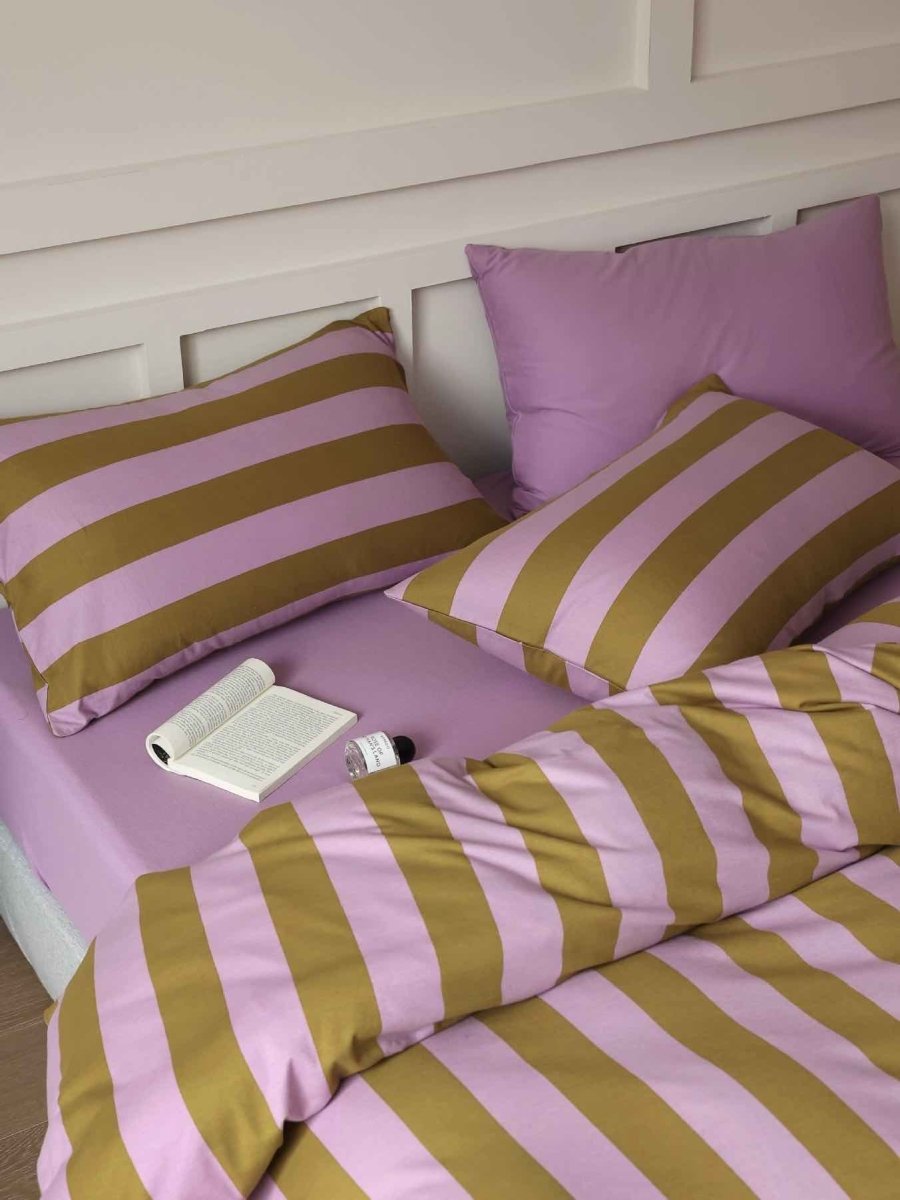 Dopamine Stripe Cotton Queen Size Duvet Cover Set With Pillowcases & Fitted Sheet