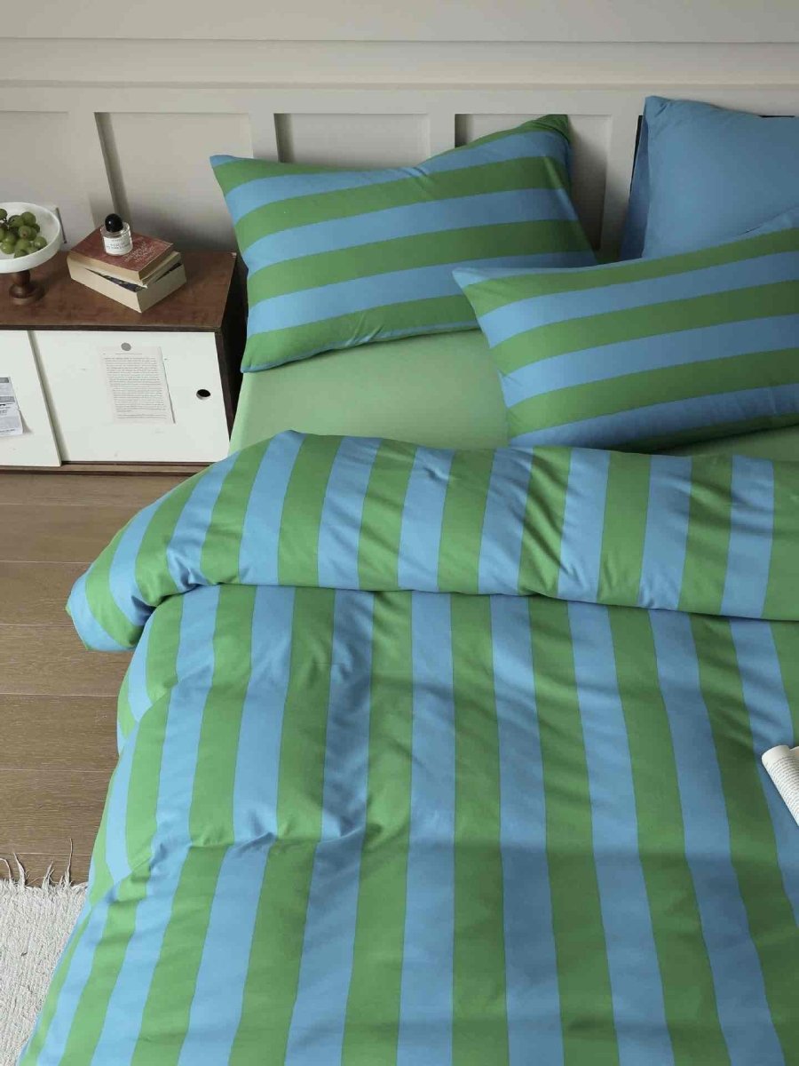 Dopamine Stripe Cotton Queen Size Duvet Cover Set With Pillowcases & Fitted Sheet
