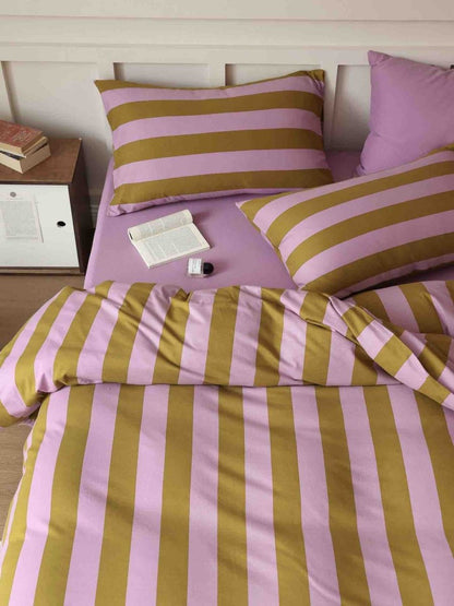 Dopamine Stripe Cotton Queen Size Duvet Cover Set With Pillowcases & Fitted Sheet