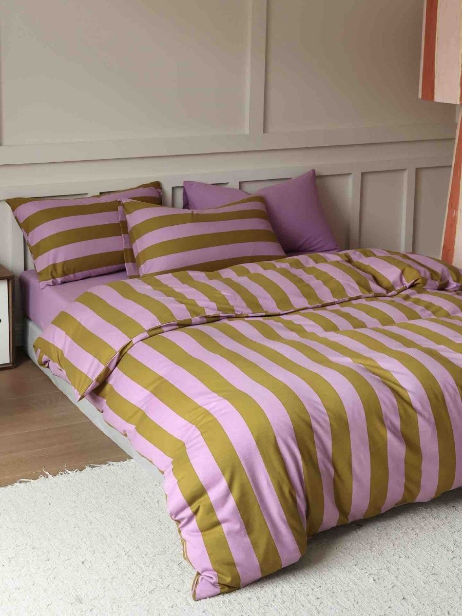 Dopamine Stripe Cotton Queen Size Duvet Cover Set With Pillowcases & Fitted Sheet