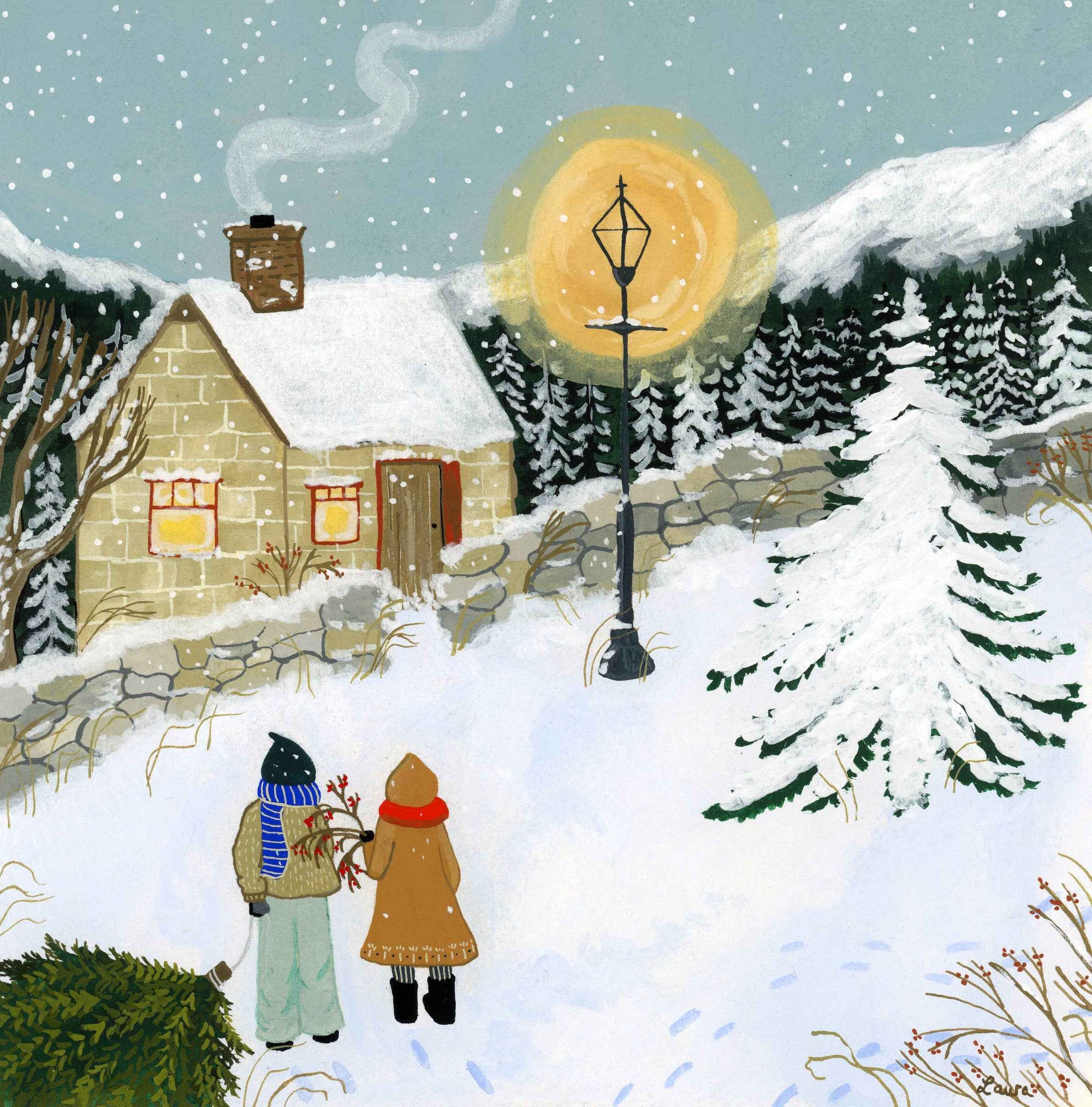 Snowy landscape with two people walking 