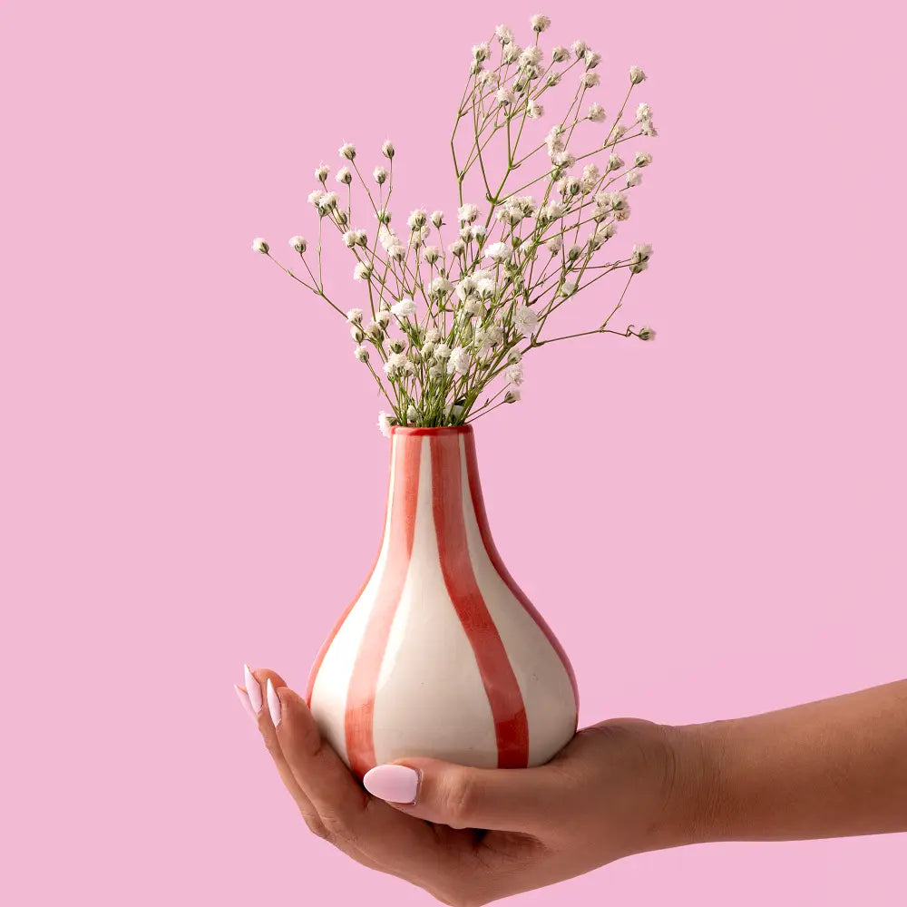 Ceramic Stripe  bud vase, Red- 3.5 x 3.5 x 4.75 Inches - Arte House