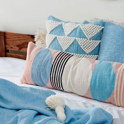 Handmade Circle Geo Lumbar Pillow, Multi Blue  - 12x34 inch
