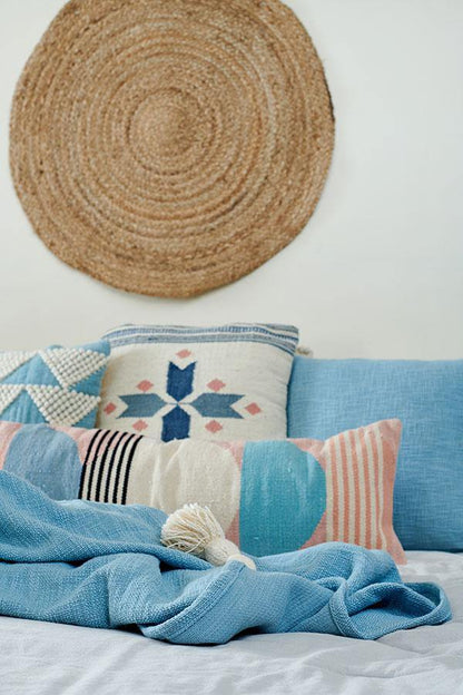 Handmade Circle Geo Lumbar Pillow, Multi Blue  - 12x34 inch