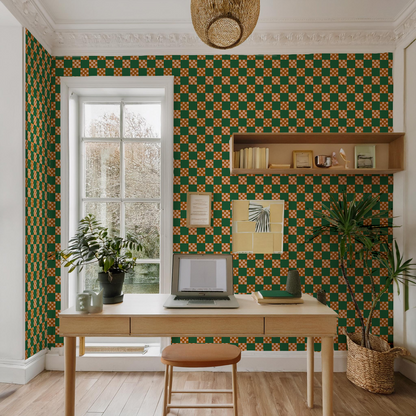 Checkered Quilt Wallpaper, green, peach and toffee