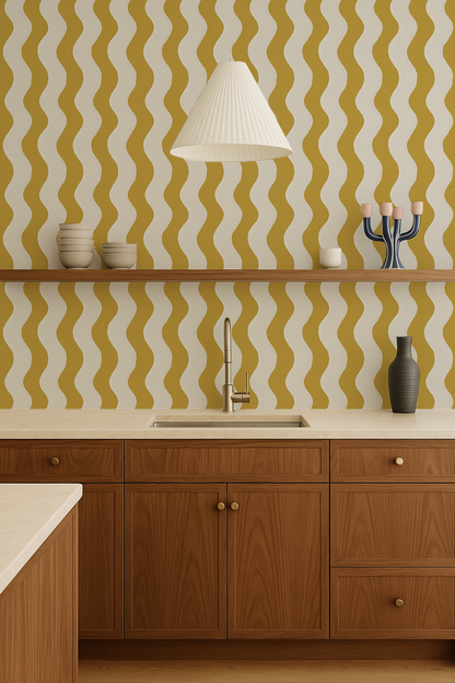 Ziggy Stripe Wallpaper, white and yellow
