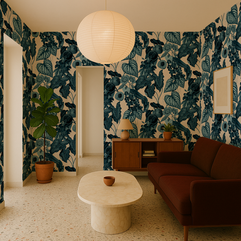 Cali Tropicale Wallpaper, off-white and blue - Arte House