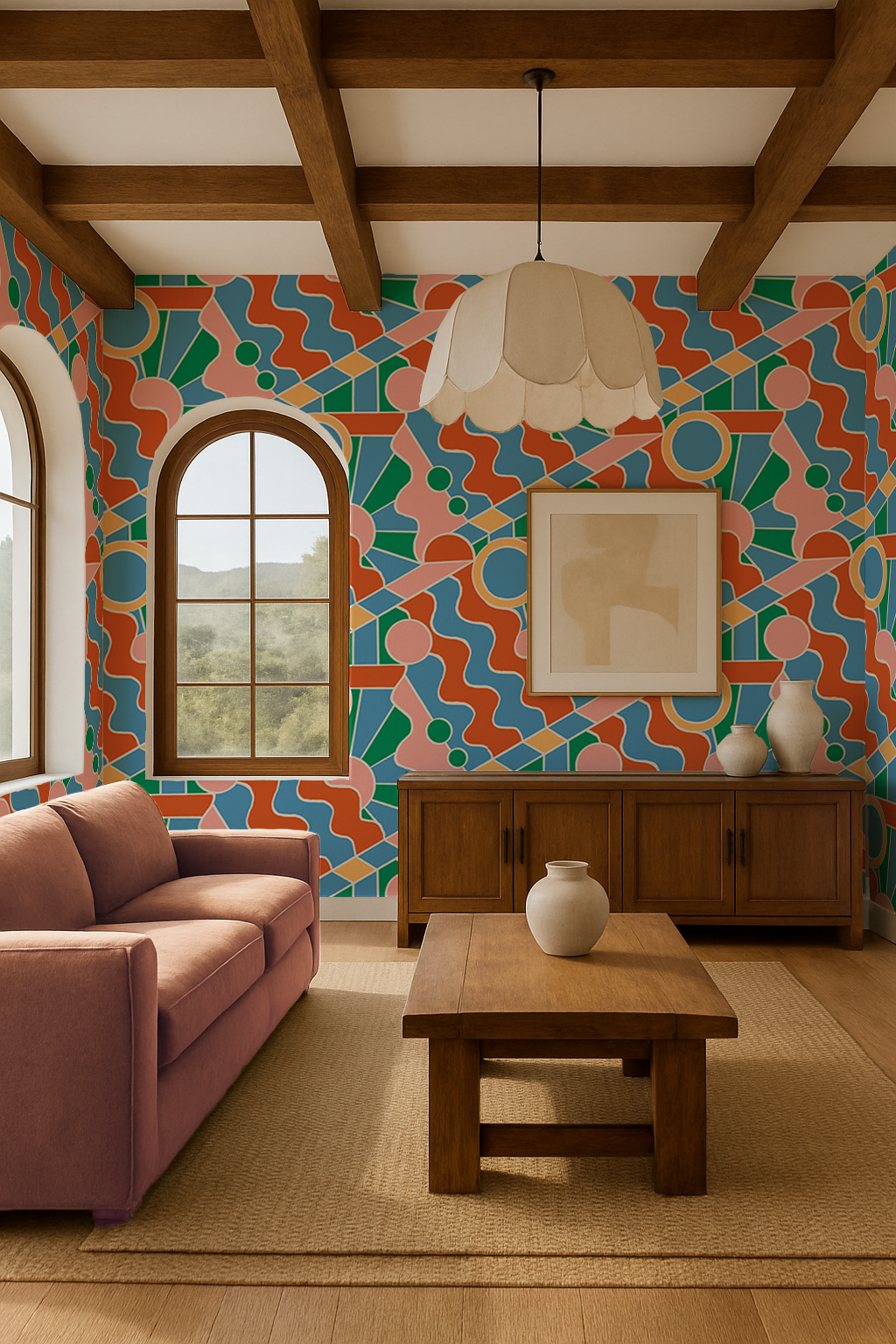 Day Trippin' Wallpaper, blue, green, pink and brick red