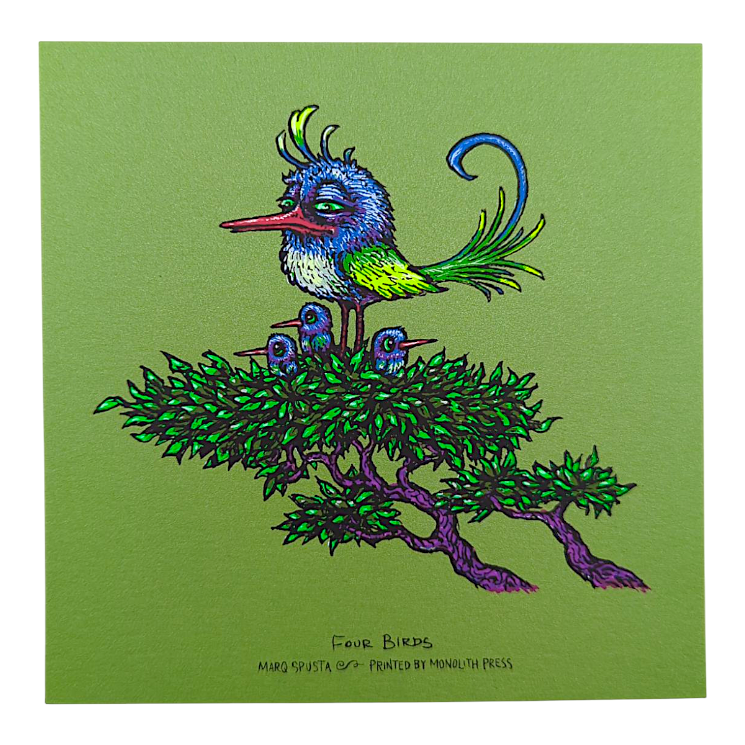 Marq Spusta "Four Birds" (Green Shimmer) Mini Print