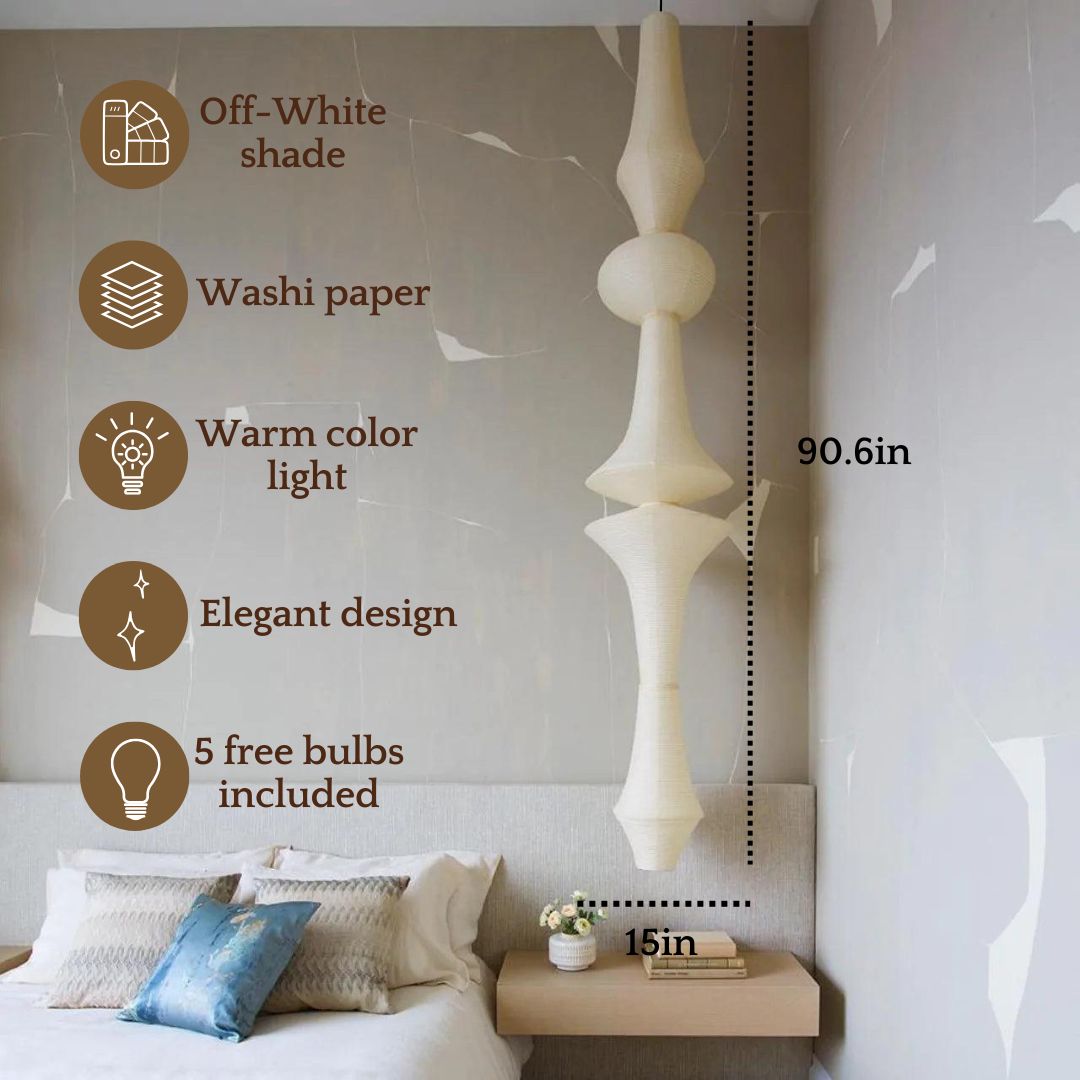 Nogy Large Off-White Paper Pendant Lamp - 15" x 56" - Modern Japandi Boho Living Room Pendant Light - 3 Bulbs (3000K) - Arte House