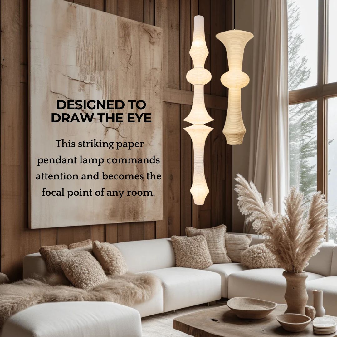 Nogy Large Off-White Paper Pendant Lamp - 15" x 56" - Modern Japandi Boho Living Room Pendant Light - 3 Bulbs (3000K) - Arte House