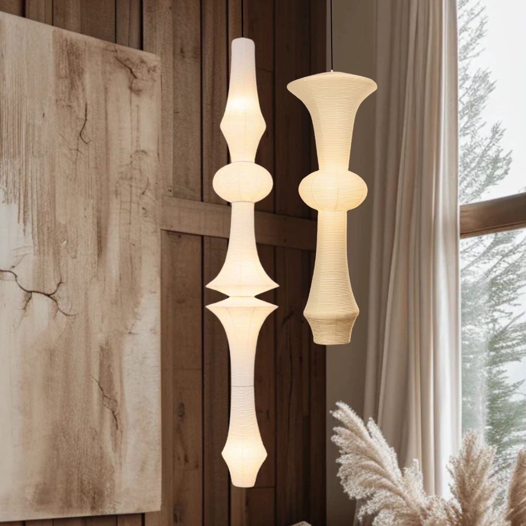 Nogy Large Off-White Paper Pendant Lamp - 15" x 56" - Modern Japandi Boho Living Room Pendant Light - 3 Bulbs (3000K) - Arte House